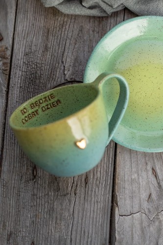 Talerzyk spodek ceramiczny 16 cm limonkowo-turkusowy handmade – widok z góry