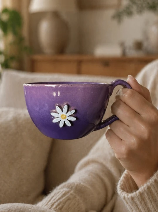 filiżanka ceramiczna 300 ml różowo fioletowa z kwiatem afirmacja ręcznie robiona
