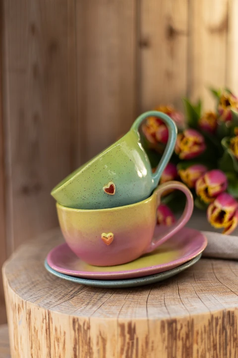 talerzyk ceramiczny 16 cm limonkowo różowy spodek do filiżanki 300 ml i kubka 400 ml ręcznie robiony zestaw ceramiczny
