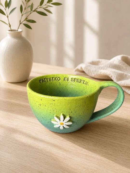 Filiżanka limonkowo-turkusowa z kwiatem 300 ml wszystko mi sprzyja.jpg